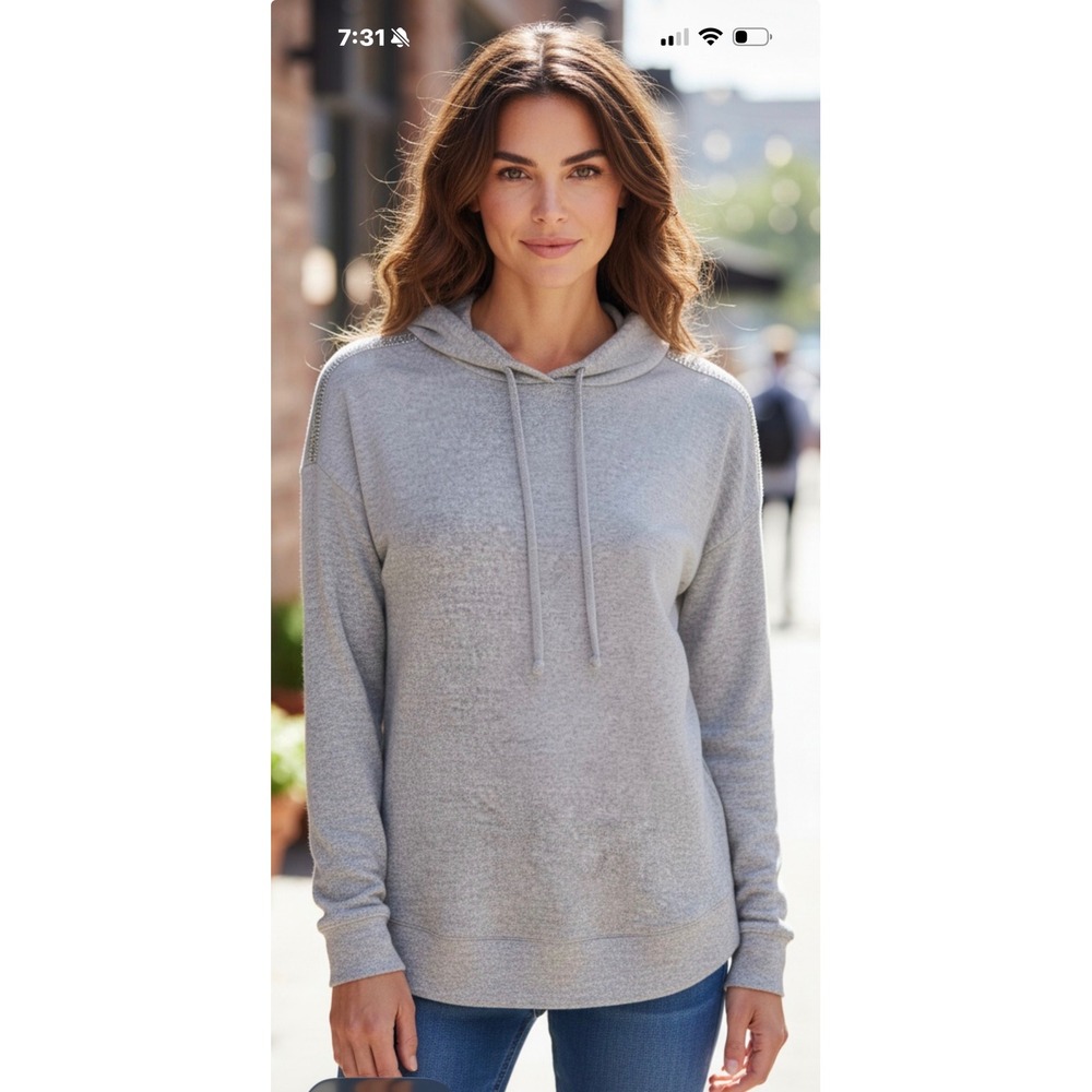 Womens Heather Gray Rhinestone Embellished Shoulder Pullover Hoodie Sweatshirt